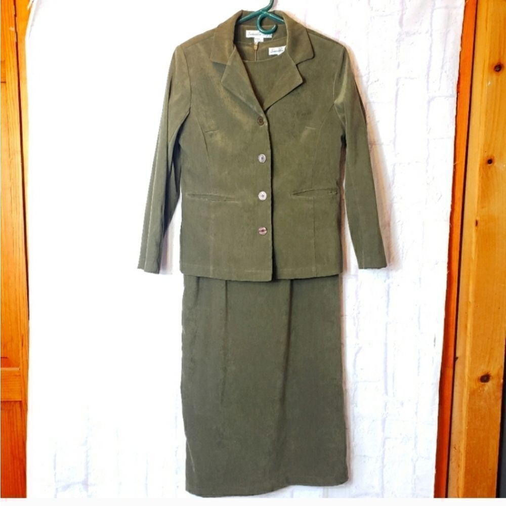 SAMANTHA TAYLOR Pine Green Moleskin Dress & Blazer Set 6P